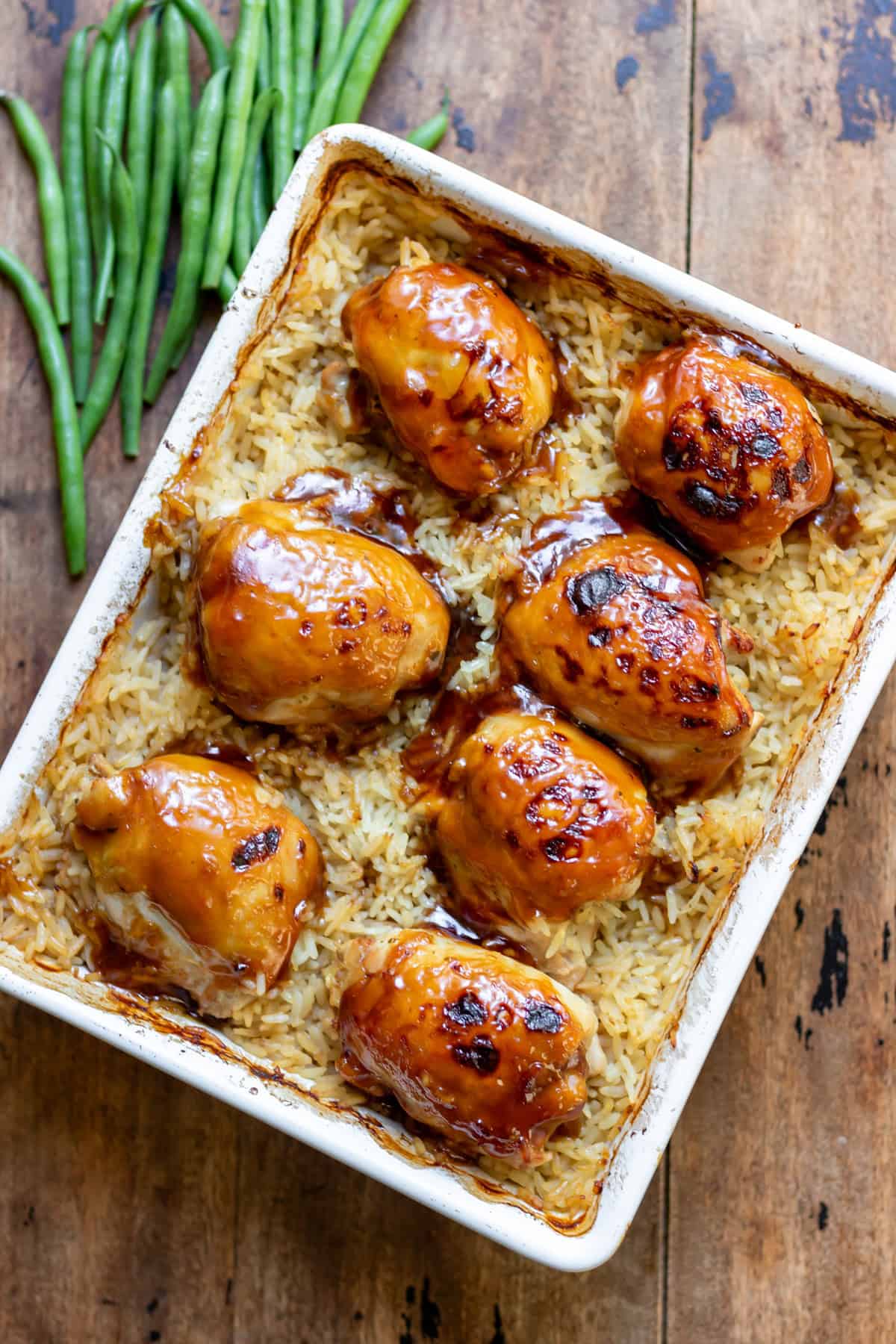 Broiled sticky honey soy chicken rice bake.