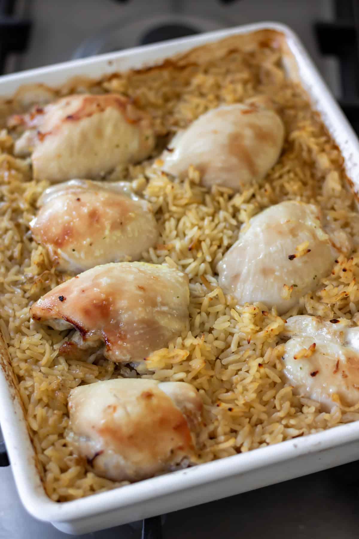 Cooked honey soy chicken rice bake.