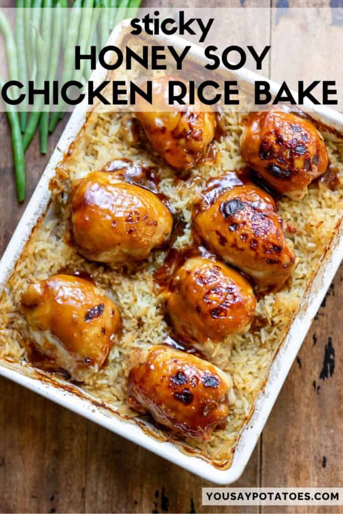 Dish of chicken and rice with text: Sticky Honey Soy Chicken Rice Bake.
