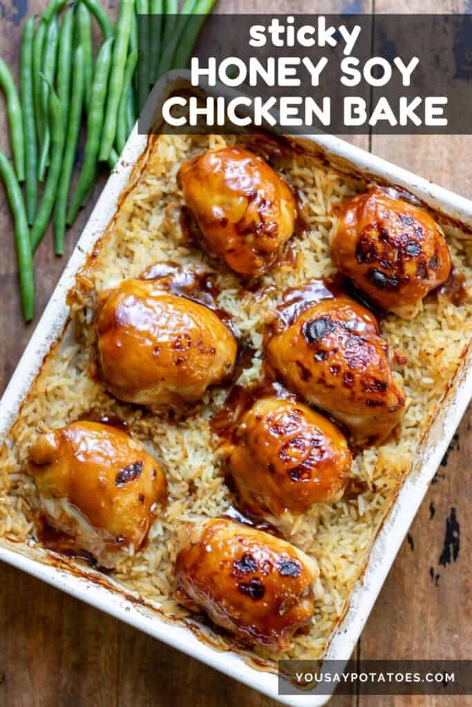 Dish of chicken and rice, with text: Sticky Honey Soy Chicken Bake.