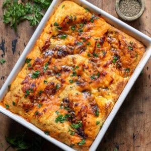 A baking dish of hot honey sausage breakfast bake.