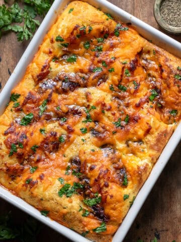 A baking dish of hot honey sausage breakfast bake.