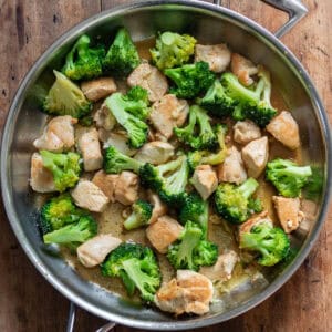 Close up of garlic butter chicken broccoli skillet.