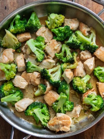 Close up of garlic butter chicken broccoli skillet.