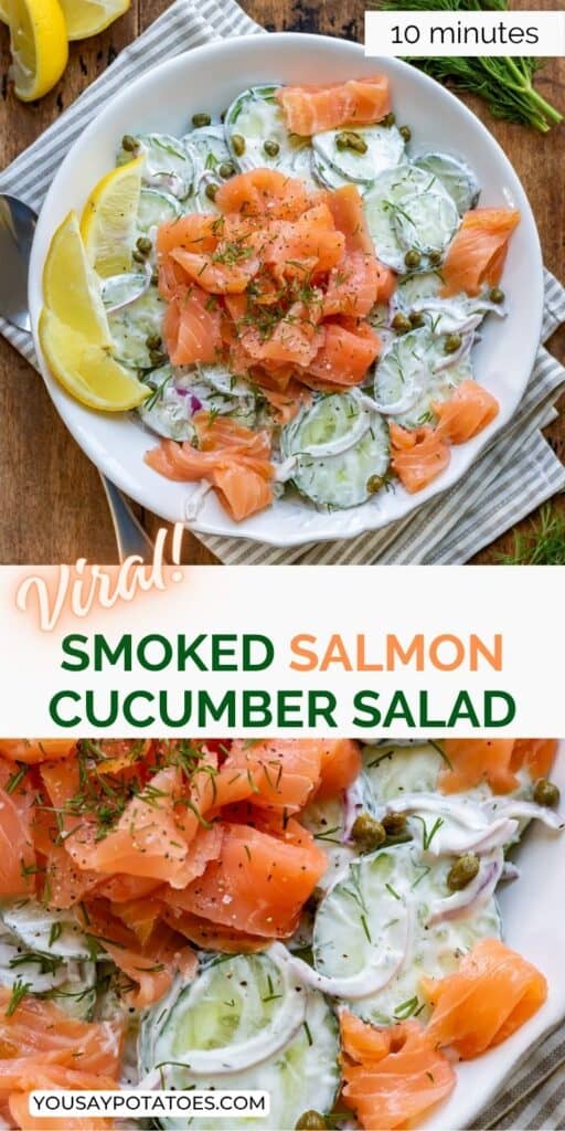 Dishes of salad, with text: Viral Smoked Salmon Cucumber Salad.