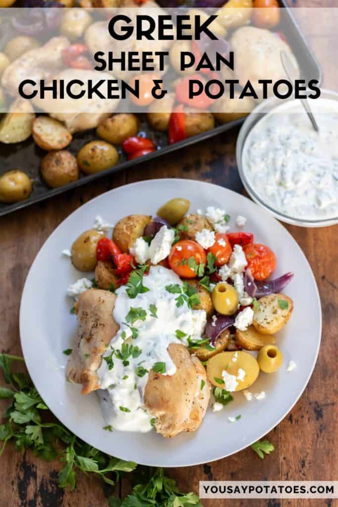 Plate of roasted chicken potatoes and vegetables with tzatziki sauce, with text: Greek Sheet Pan Chicken and Potatoes.