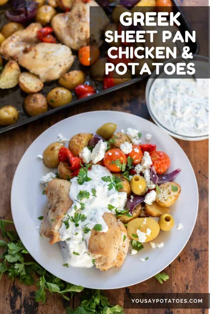 Plate of chicken and roasted vegetables, with text: Greek Sheet Pan Chicken and Potatoes.