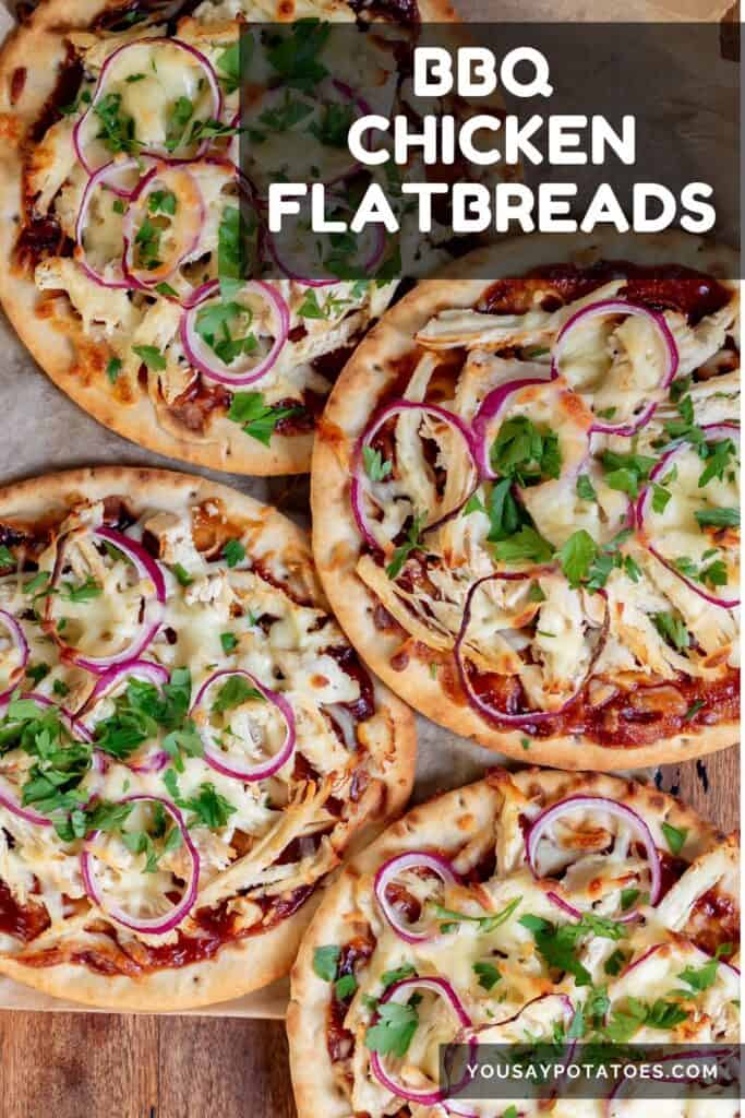 Four loaded flatbreads on a table, with text: BBQ Chicken Flatbreads.