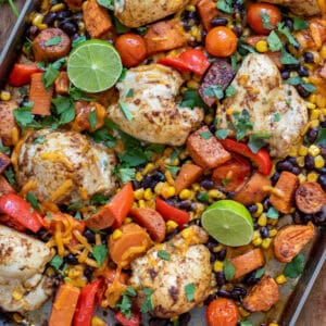 Close up of Chipotle Chicken Thighs Sheet Pan Dinner.