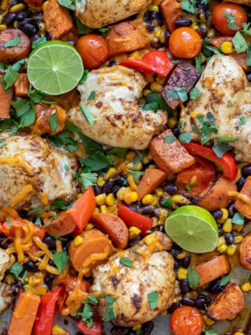 Close up of Chipotle Chicken Thighs Sheet Pan Dinner.