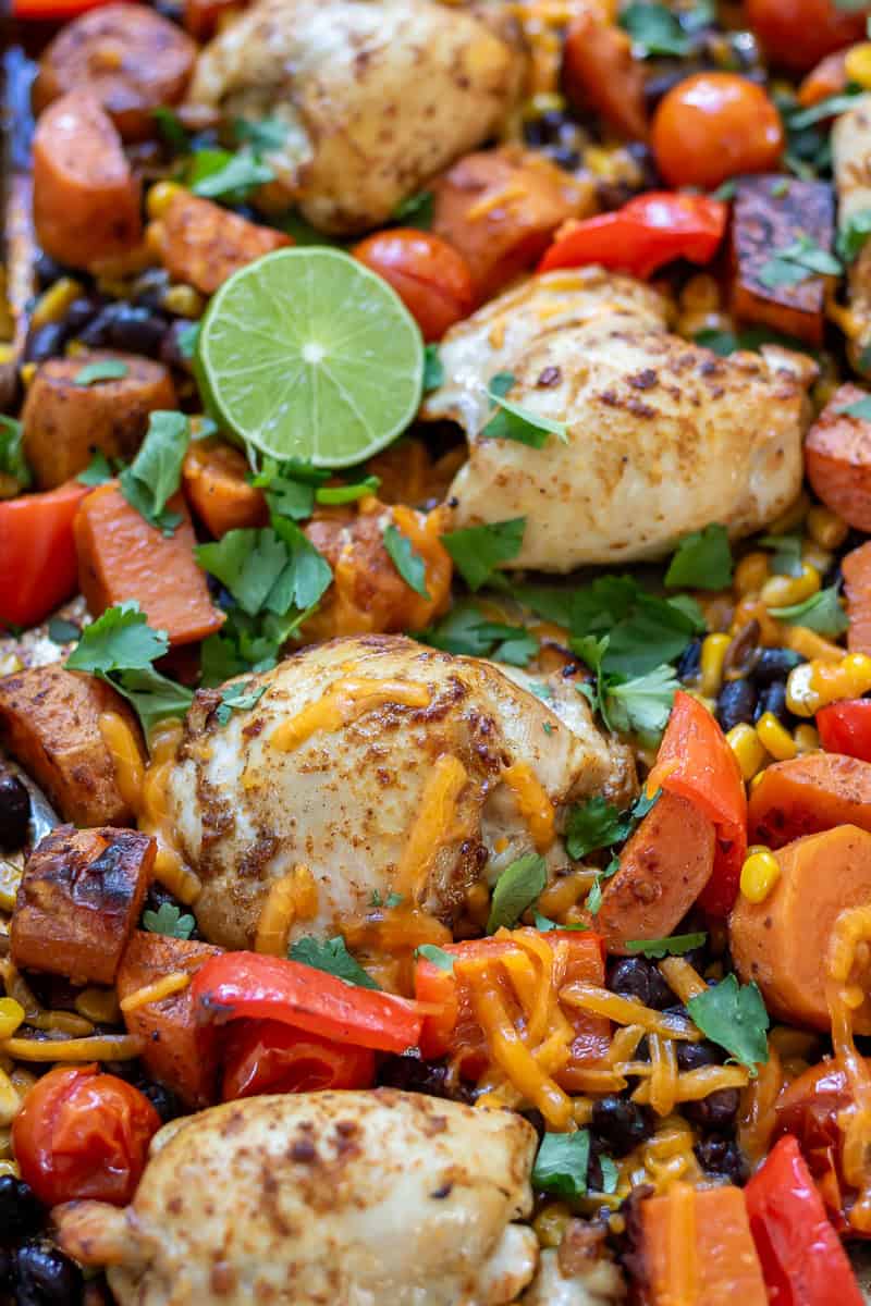 Close up of Chipotle Chicken Thighs Sheet Pan Dinner.